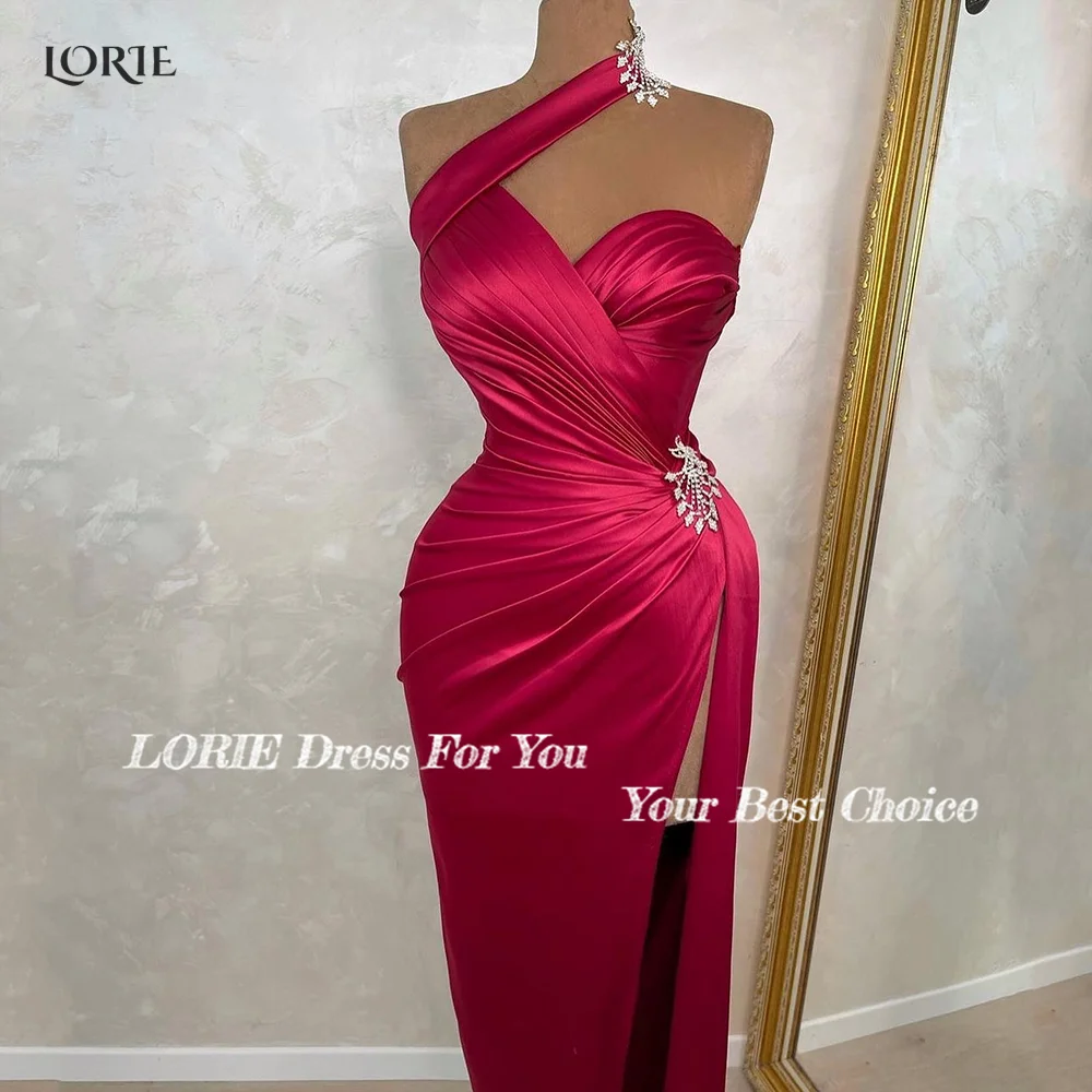 LORIE Red Evening Dresses Halter Pleated Dubai Mermaid Satin Celebrity Gown Side Slit Sequins Arabia Ruched Party GownCustomized