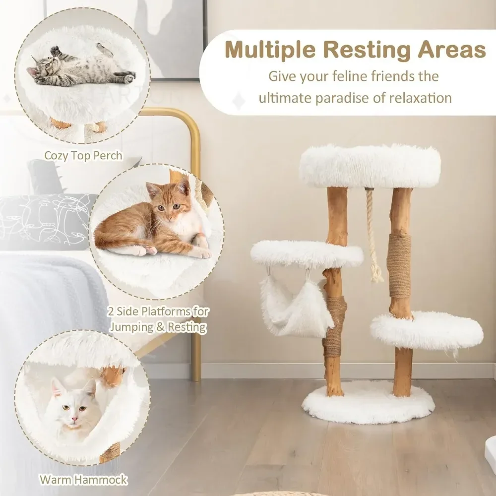 34 inch Wooden Cat Tree, Solid Wood Modern Cat Tower with Jute Scratching Posts, Sisal Rope, Cozy Top Perch