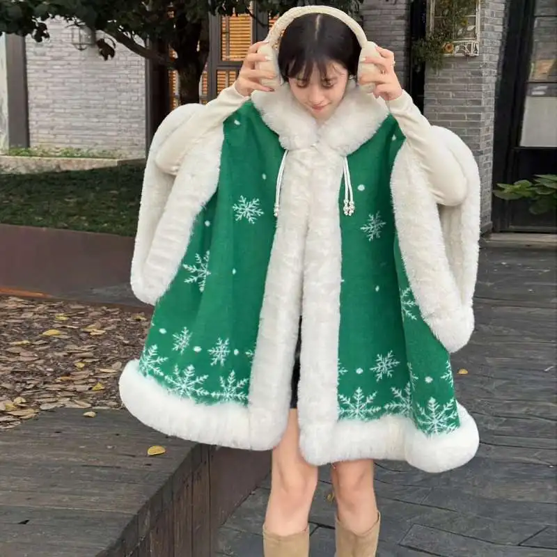 Winter Snowflake and Plush Thick Hooded Big Fur Collar Shawl Cloak for Women, Windproof and Warm, Buttoned Cloak for Women