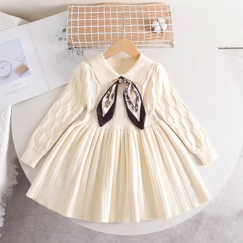 

Baby Girls Princess Dress Autumn Kids Kniting Dress Children's Hollow-out Long-Sleeved Dress Knitted Dress