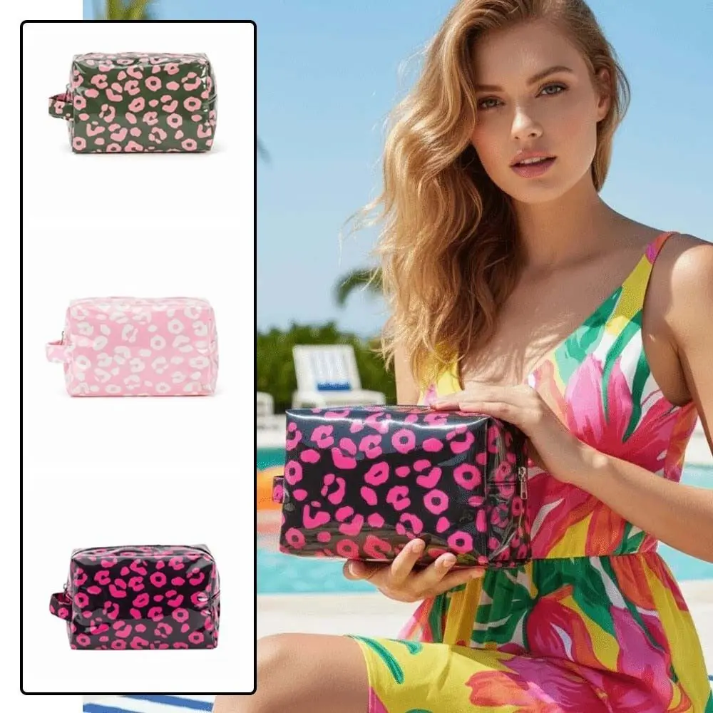 Large Capacity Makeup Bag Leopard Print Zipper Closure Cosmetic Pouch Lightweight Portable Shape Leopard Organizer