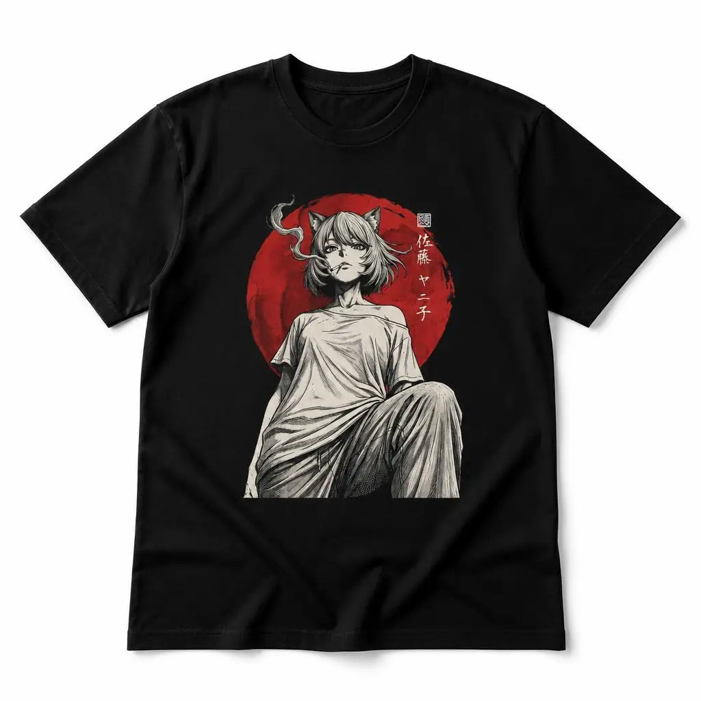 Also, Neko, T-Shirt im japanischen Stil mit Motiv einer Katze, die eine Zigarette raucht, für Herren, 100 % Baumwolle, lustiges T-Shirt mit kurzen Ärmeln, ein tolles Geschenk. – Detail 1
