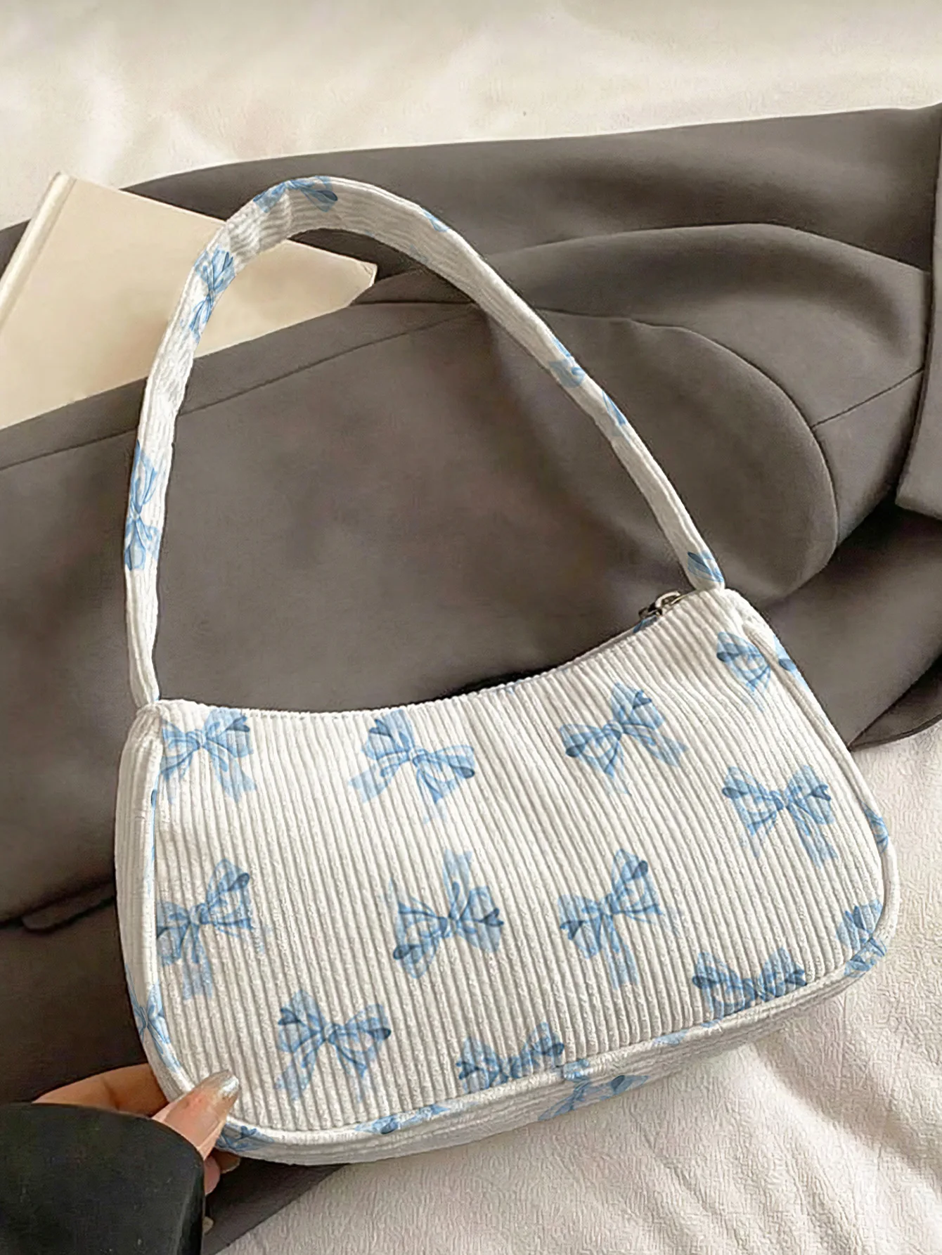 Trendy Blue Bow Print Shoulder Bag, Beige Corduroy Underarm Bag for Daily Casual Use