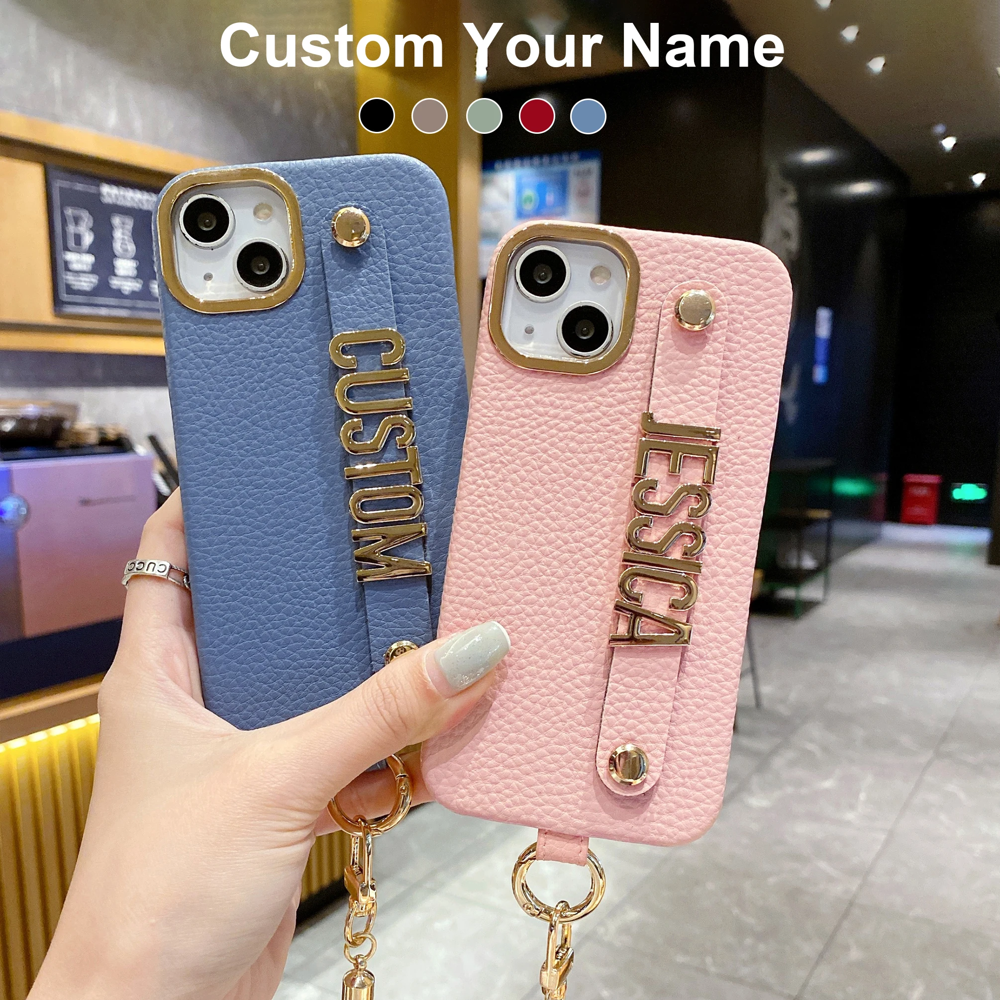 Personalise Name Letter Strap Leather Phone Case For iPhone16 11 12 13 14 Pro Max 15 16Plus Lanyard Diamond Metal Letter Cover