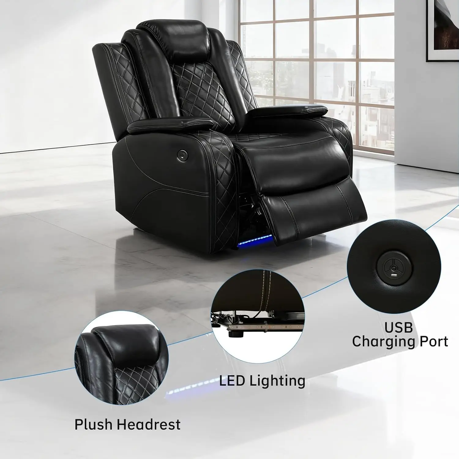 Power Recliner Sectional Sofa with LED Light & Leather, Home Theater Chair, 1-Seater, Black, Customized
