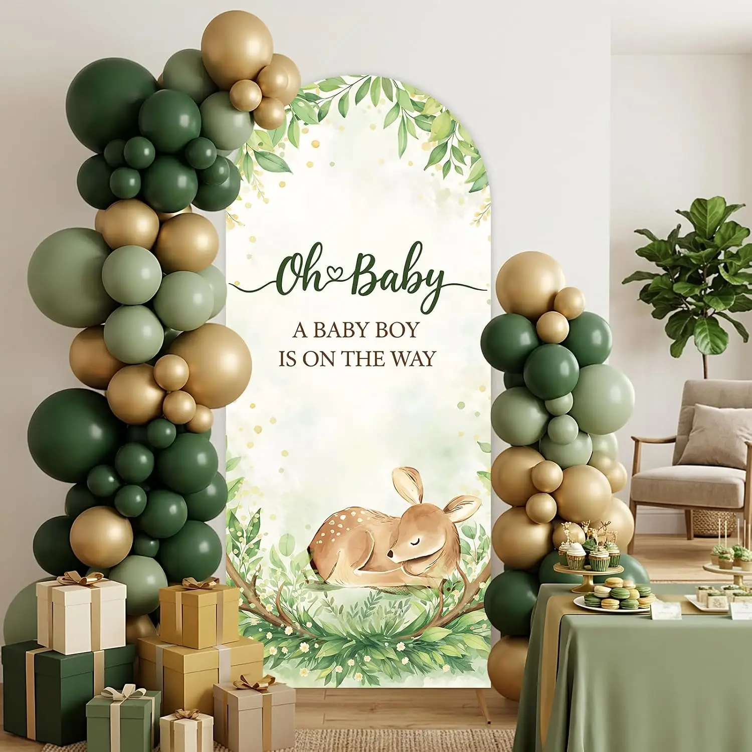 Custom 2-sided Oh Deer Baby Shower Arch Backdrop Cover Woodland Boy Gender Reveal Background Decor Party Supplies Photo Booth