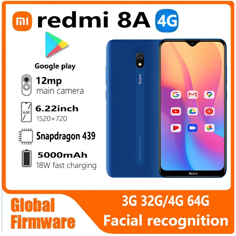 Xiaomi Redmi 8A smartphone 4G 64G firmware mondial 5000mAh 6.22 pouces Snapdargon 439 12MP 18W reconnaissance faciale téléphone utilisé