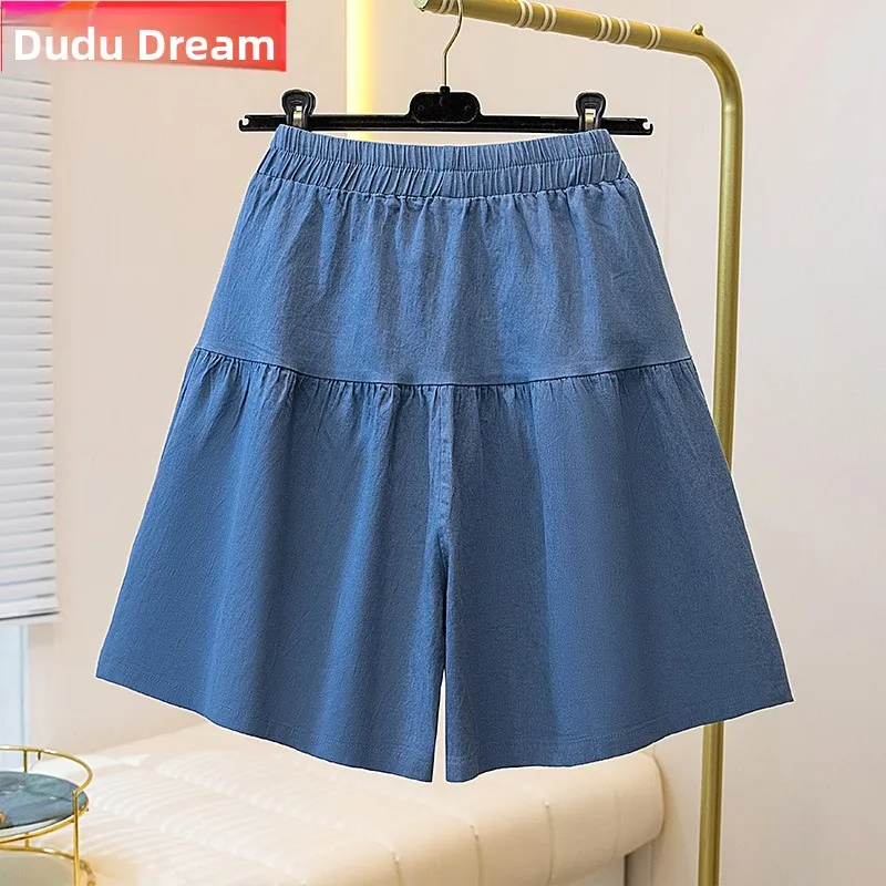 

plus Size Denim orts Women Summer Thin A-Line Loose Ice Silk Wide Leg Five-Quarter Length mid Waist Pants