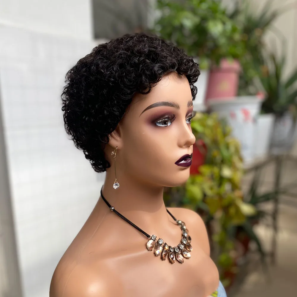 Kurze Pixie-Cut Lockenperücken aus Echthaar, brasilianisches Echthaar, maschinell gefertigte Perücken für schwarze Frauen, natürliche schwarze Lockenperücken aus Echthaar – Detail 5