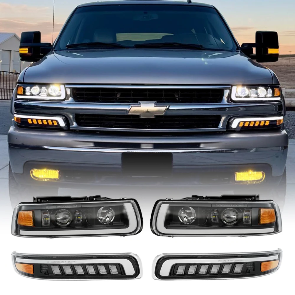 DOT LED Headlamp For Chevrolet Chevy Silverado 1500 2500 3500 HD 1999 2000 2001 2002 Pickup Headlights H11 W/ DRL Turn Signal