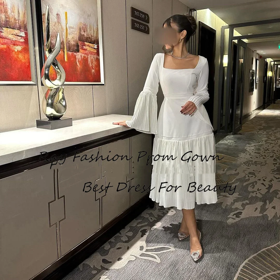 

Ray Fashion A Line Evening Dress Square Neck With Long Ruffle Sleeves Tea Length For Formal Occasion Saudi Arabia فساتين سهرة