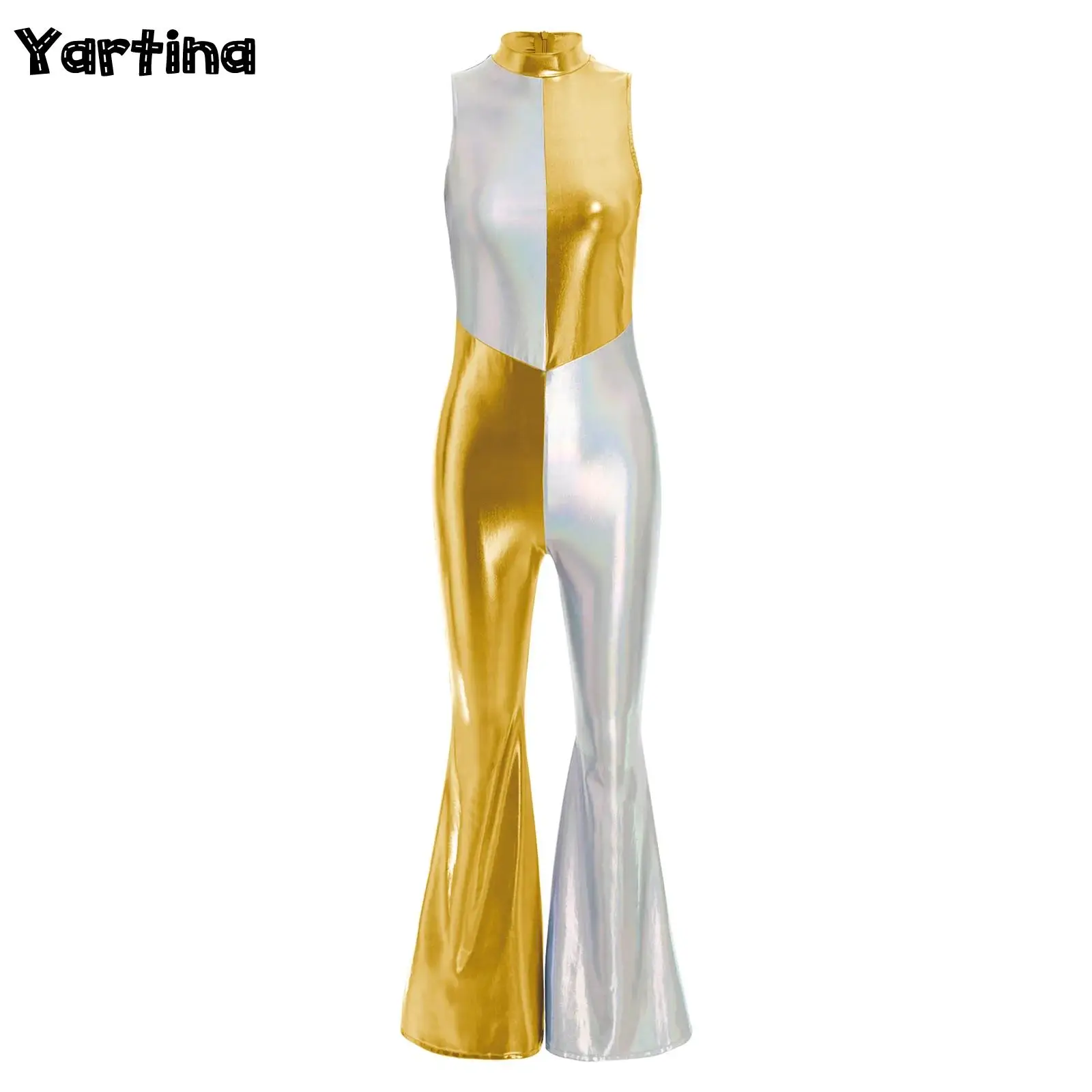 

Womens Metallic Shiny 70s Disco Party Overalls Jumpsuit Flared Pants Bodysuit Back Zip Bell Bottom Unitards Rompers Clubwear