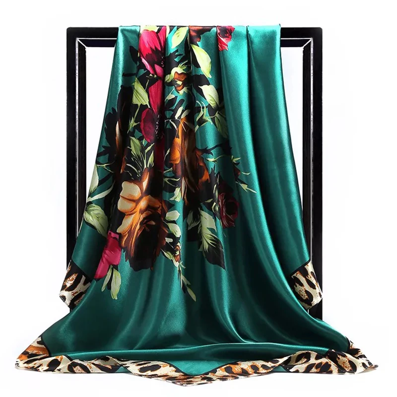 Luxury Brand Silk Scarf Fashion Foulard Satin Shawl Leopard 90*90cm Square Head Scarves Women Bandanna Pareo Headscarf