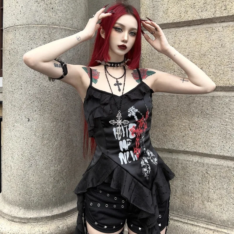 

Y Demo Punk без бретелек с v-образным вырезом, женская майка, новый жилет без рукавов с нерегулярными оборками и бахромой