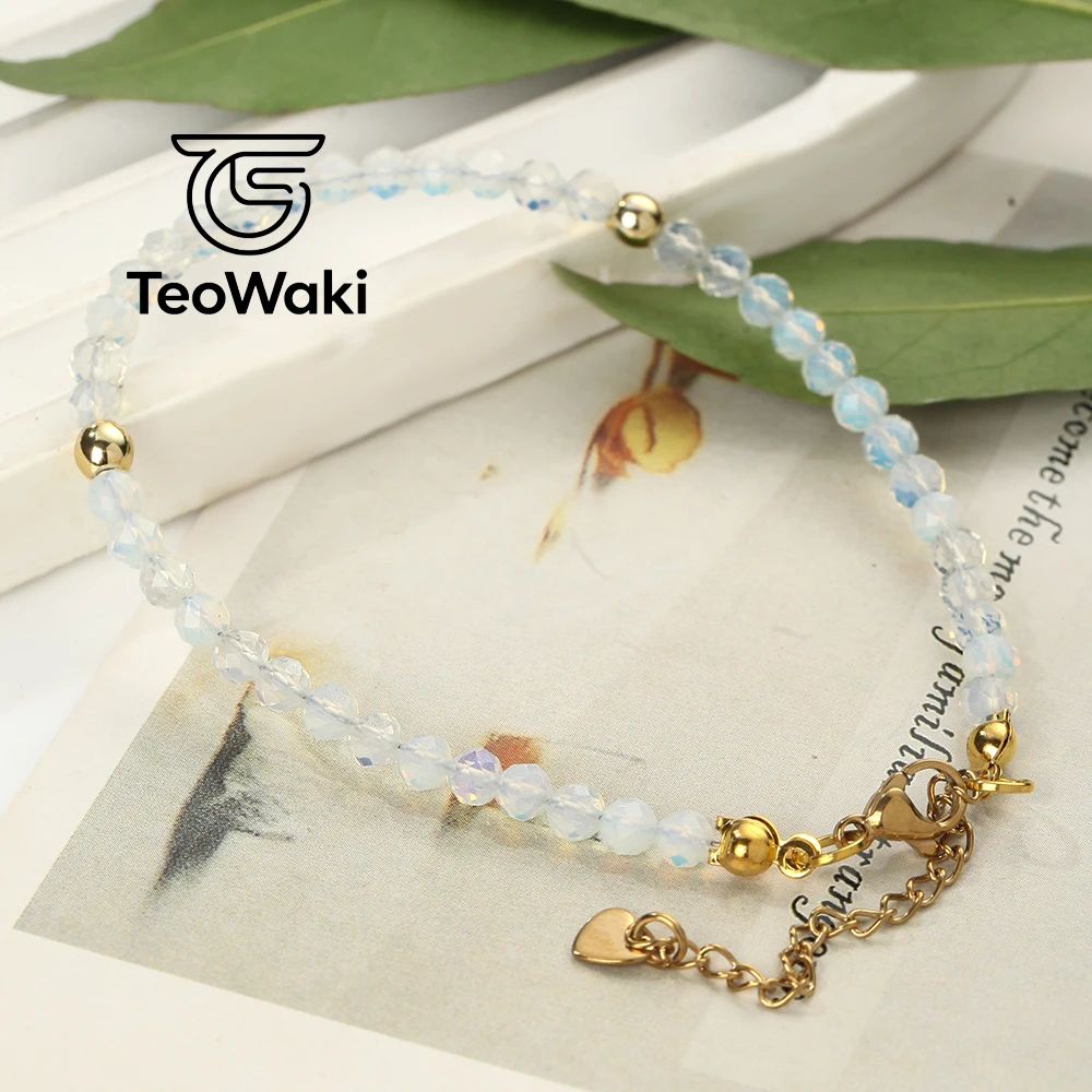 TeoWaki Faceted Natural White Opal Adjustable Bracelet Stainless Steel Extension Chain Dainty Stackable Daily Jewelry Gift17+5cm