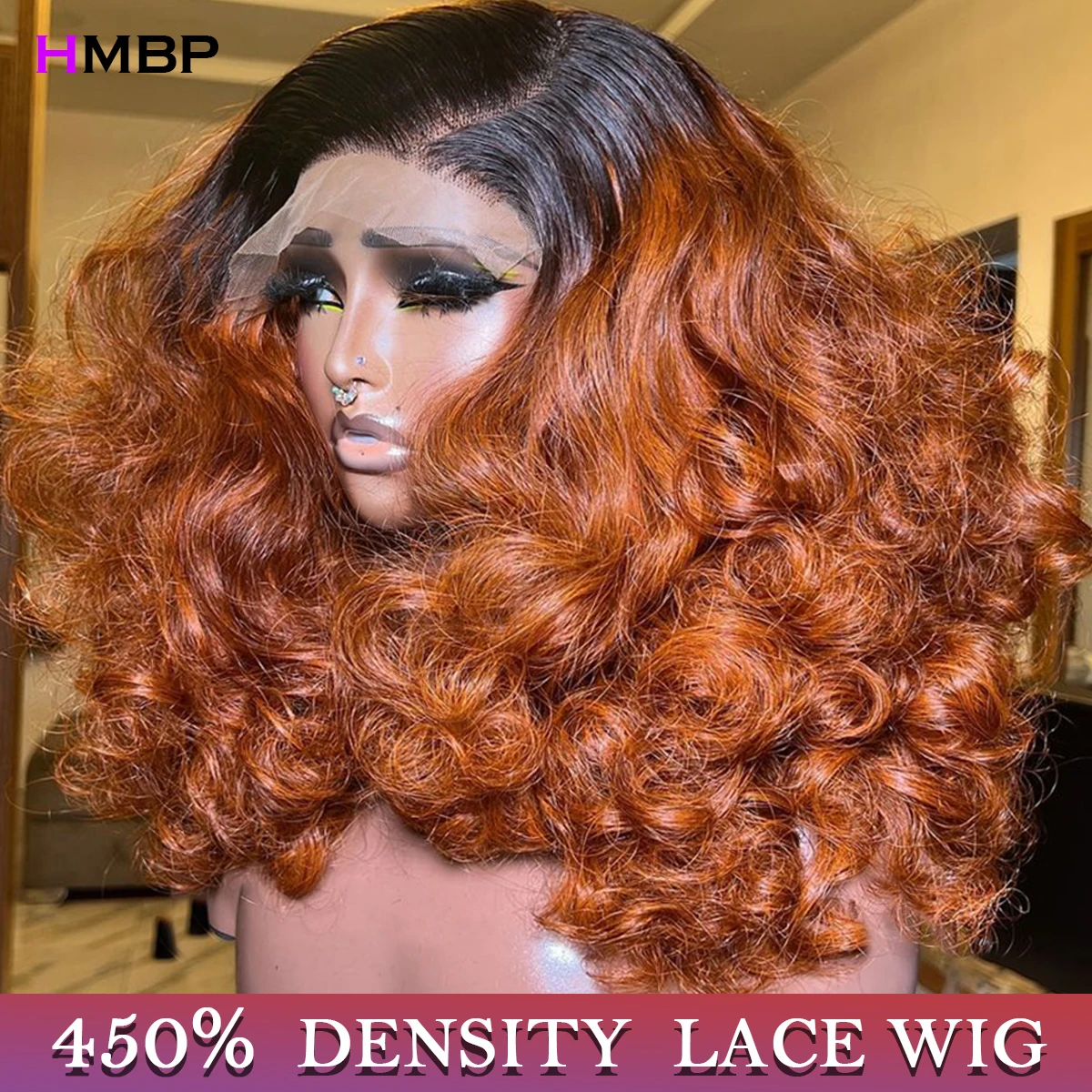 Ginger Orange 450 Density Loose Wave 100% Human Hair 13x6 Hd Lace Frontal Wig Ombre Colored Bouncy Curl HD Transparent Lace Wigs