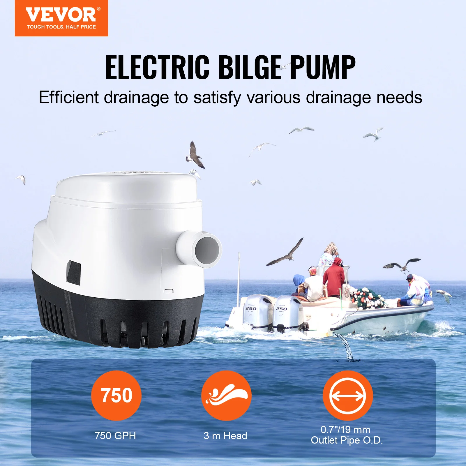 Pompa Lambung Kapal VEVOR 750 / 1100 / 3000 GPH 12V Pompa Air Lambung Kapal Submersible Otomatis dengan Sakelar Apung untuk Perahu Kolam Ruang Bawah Tanah