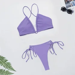 Sexy fioletowe Bikini Bandeau zestawy ze sznurkiem stringi stroje kąpielowe mikro stroje kąpielowe strój kąpielowy dla kobiet Biquinis Bikini Mujer Swim