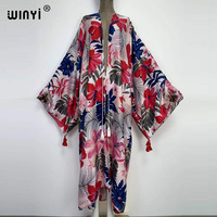 2022 WINYI sukienka Kaftan Sweet Lady Pink Boho Print Self Belted Front Open Long Kimono Dress Beach Tunic Women Wrap Dresses