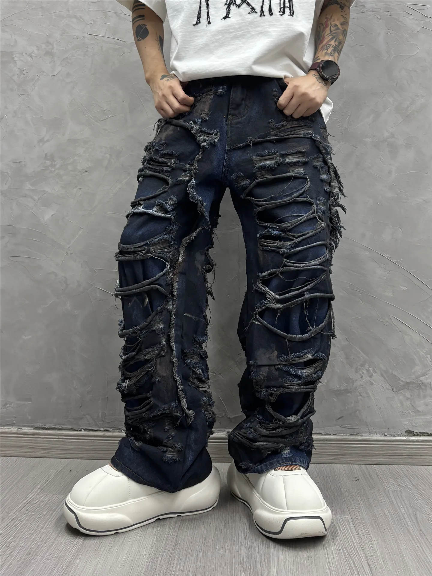 Design Sense Waste Soil Style Dirty Dyed Retro Scrape Jeans Men's Personality Ruan Handsome Straight-Leg Pants Loose Casual