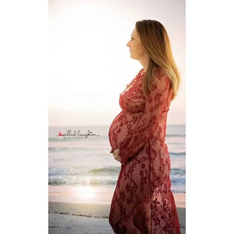 SALE! Bella Maternity Dress  Wine Red Lace Long Sleeve Dress for Photo Shoot, Pregnancy Gown Burgundy