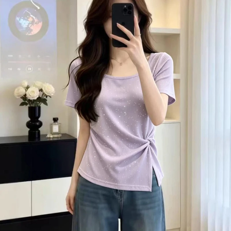 Summer New Sequined Irregular Plus Size Casual T Shirts Women Clothing Short Sleeve Pleated All-match Trend Tops Fashion Elegant