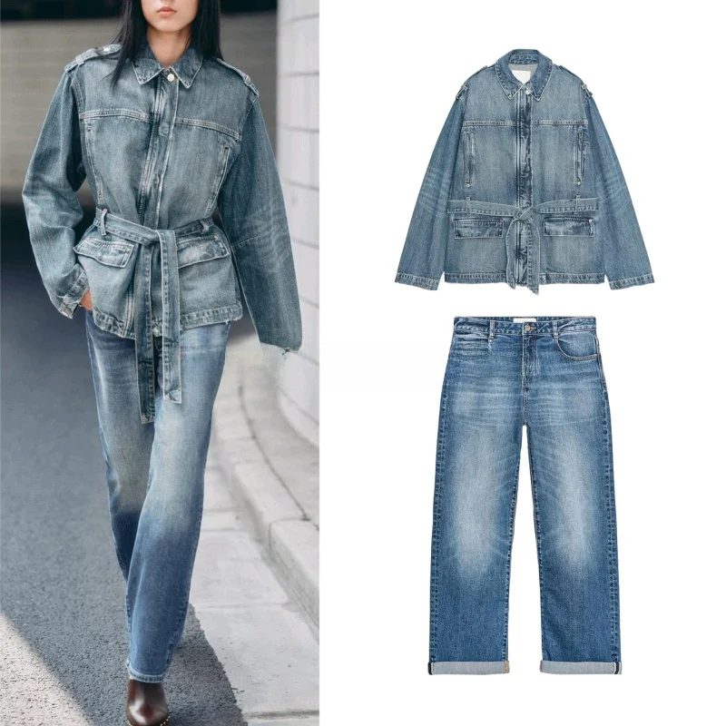 

High Waist Loose Jeans Jaet Set Long Belted Denim Coat Casual Sle Adult Women's Faion Autumn Collection Two-Piece Suit
