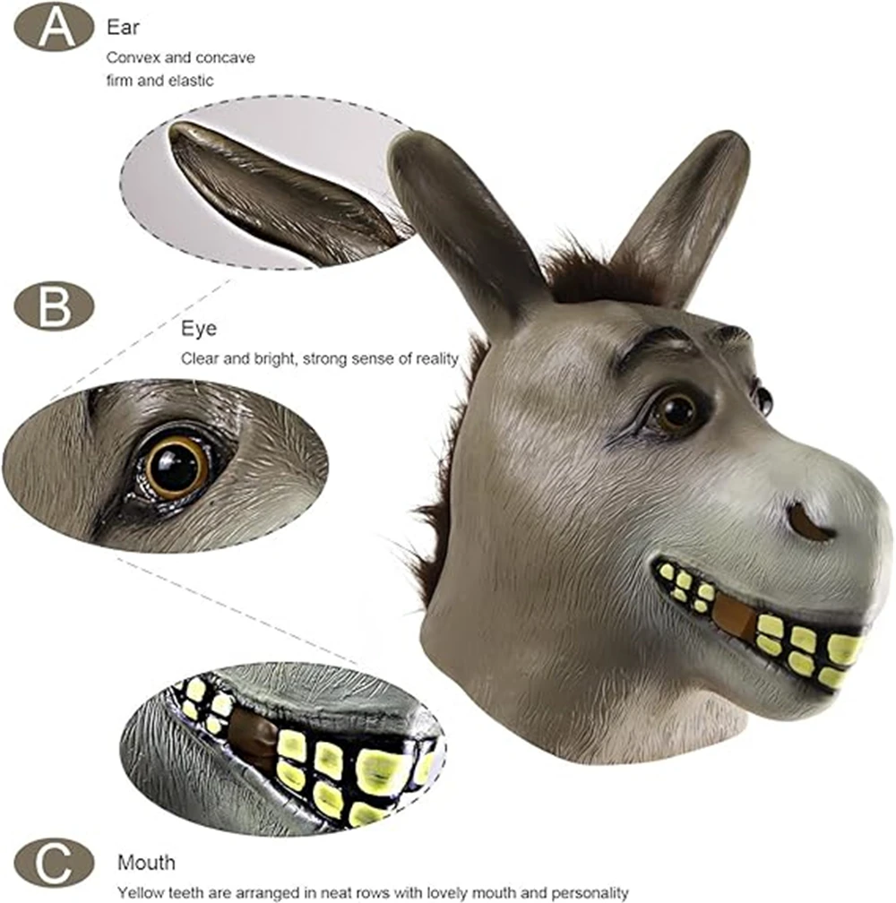 Shrek Donkey Mask for Adult, Halloween Novelty Deluxe Costume, Party Cosplay, Latex Animal Head, Adult