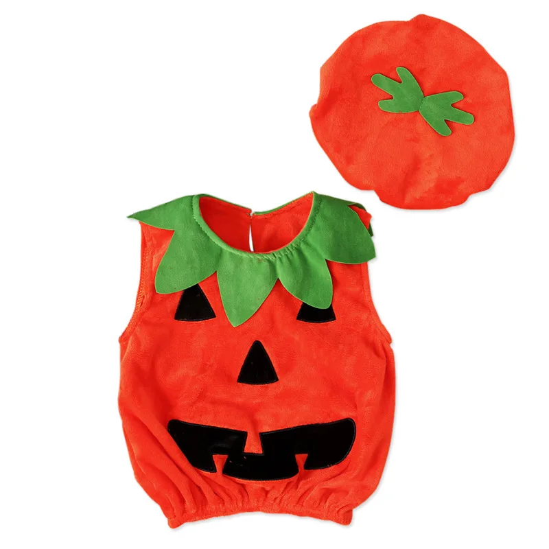 Abóbora imprimir macacão sem mangas para o bebê, macacão Halloween, tops e chapéus, traje cosplay, roupas para criança, novo, 2pcs