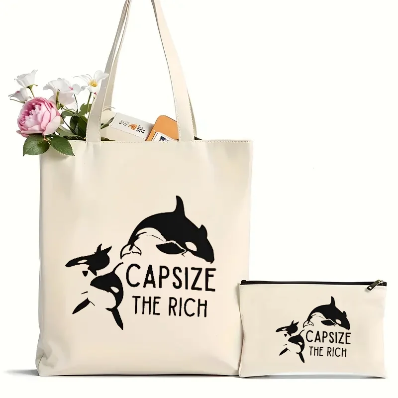 2pcs Capsize the Rich Orca Sink the Rich Eat the Rich Tote Bag pattern Tote Bag Canvas Shoulder Bag Daily Commute Women\'s