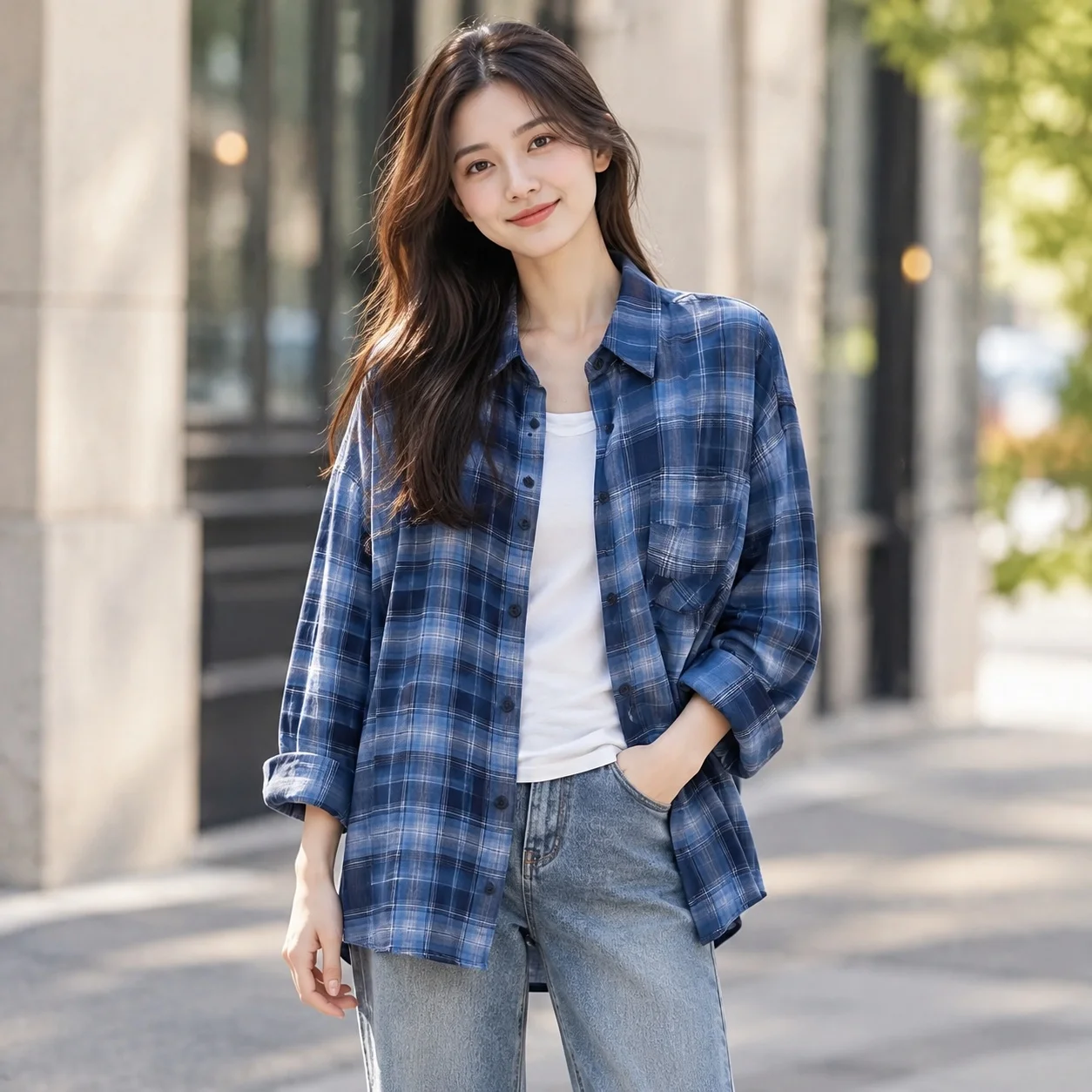 Loose Fit Shirt Plaid Medium Length Elegant Style with Checked Pattern Medium Length Collar Shirt Regular Sleeve Women Blouse