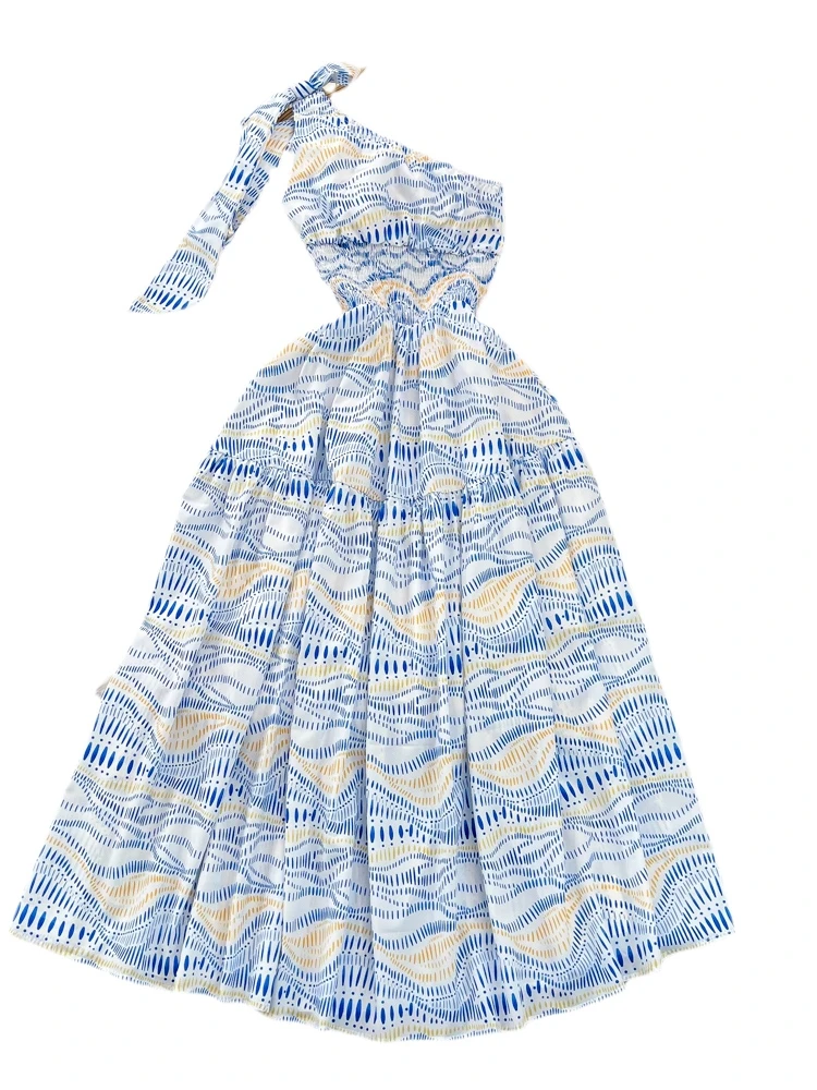 فستان أنيق للتخسيس على شكل حرف A مطبوع مع ياقة جانبية مكشوفة الكتفين تنورة طويلة فستان حفلات أنيق فاخر بسيط