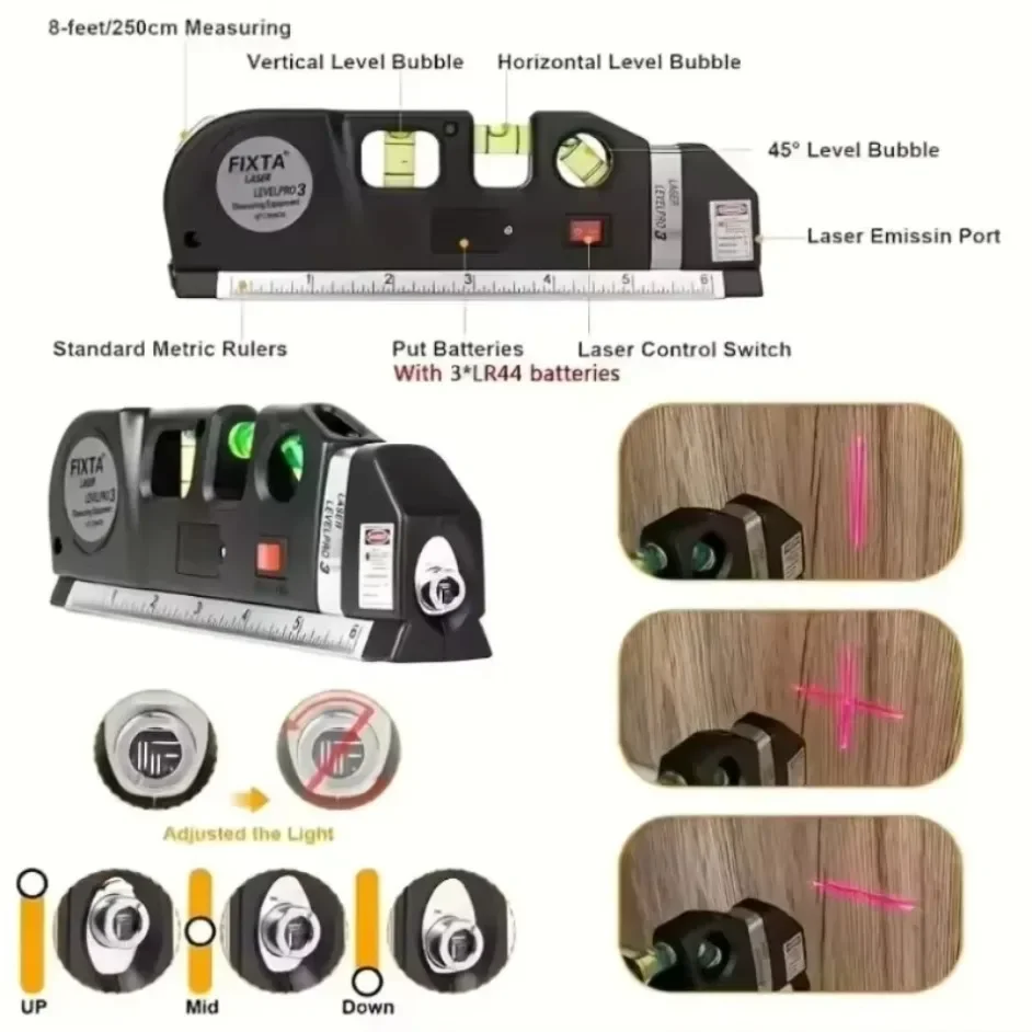 Cross Line Laser Level Multipurpose Tool with Measure Tape Metric Rulers for Wall Tile Shelf Picture Frame Hanging DIY Home Use