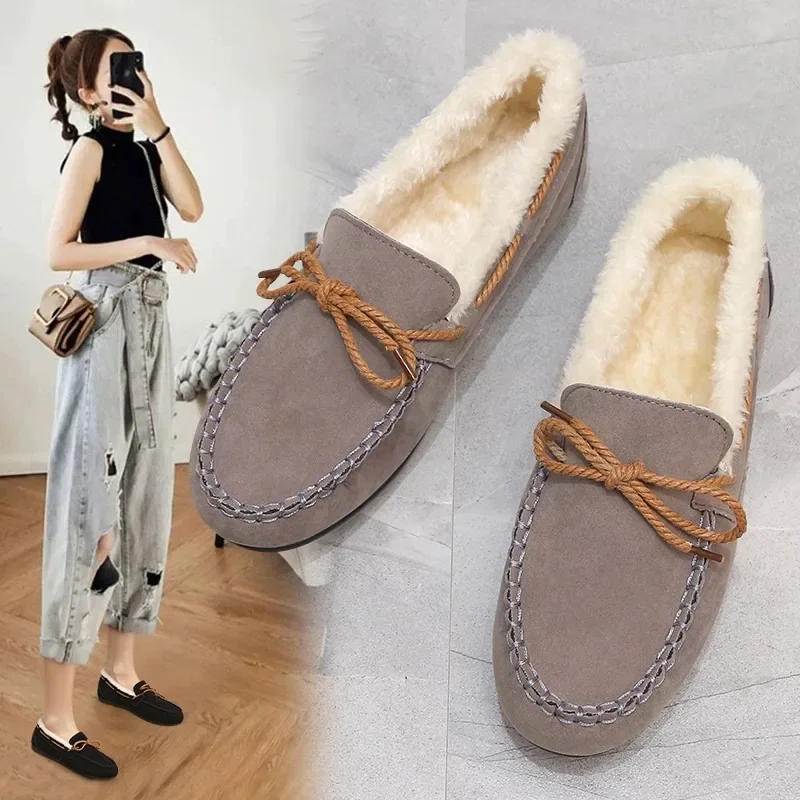 Winter Women\'s Shoes Casual Flat Shoes Women\'s Moccasins Fashionable and Comfortable Warm Plush Bow Slip-on Cotton Shoes