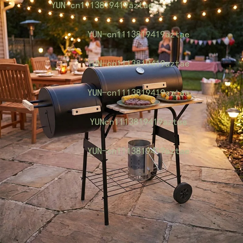 Train Style Offset Charcoal Smoker Grill Double Barrel Dual Chamber Outdoor BBQ Grill with Side Table Wheels