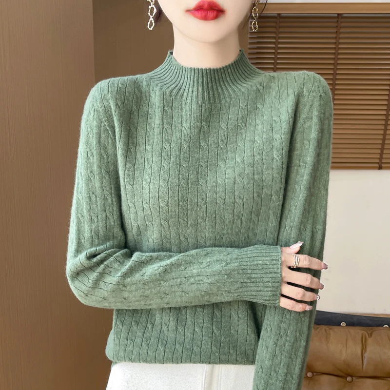 เสื้อไหมพรมผู้หญิงสไตล์คลาสสิกไร้รอยต่อ100% เสื้อสเวตเตอร์แฟชั่นสไตล์ยุโรปเสื้อถักแขนยาวสูงครึ่งคอสไตล์เสื้อยืดผู้หญิง