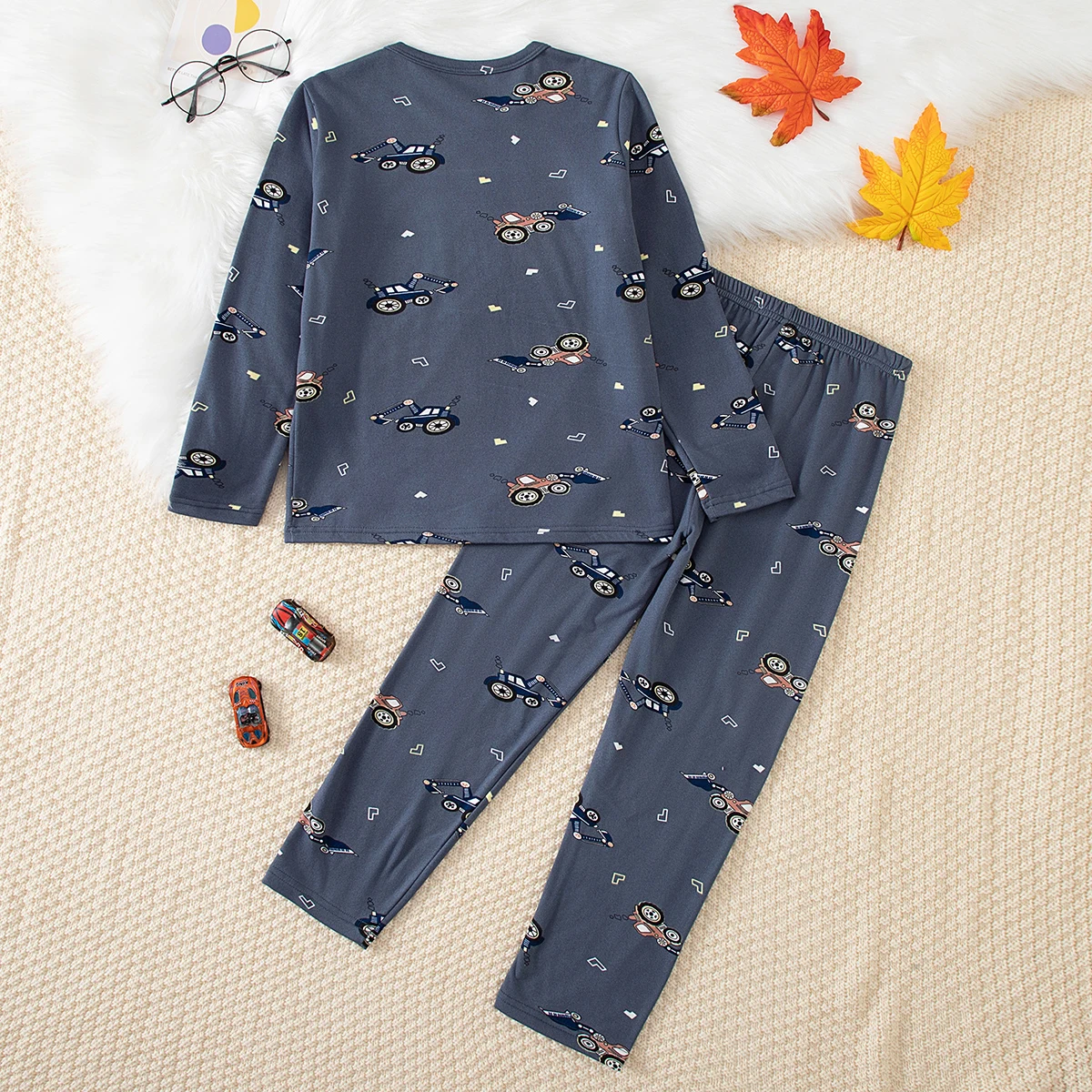 2-teiliges Herbst-/Winter-Set für Jungen mit Dinosaurier- und Autodesign, warmes Unterwäsche-Set, bequeme, dicke Schlafanzughose und Schlafhose. – Detail 5