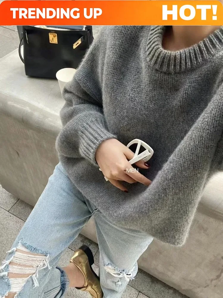 Customization 2023 Autumn And Winter New 100% Cashmere Sweater Women's Grey Round Neck Pullover Knitted Wool Loose Thick Sweater