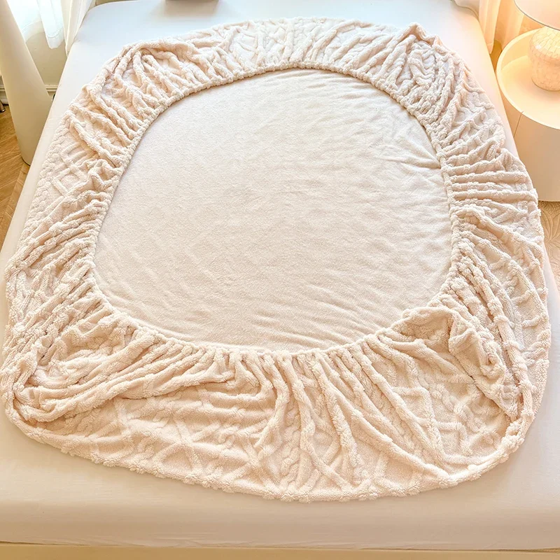 1 قطعة ملاءة سرير الشتاء الدافئة مع شريط مرن واحد/الملكة/الملك غطاء مرتبة سميكة المرجان الصوف رقيق ملاءات السرير المجهزة للسرير