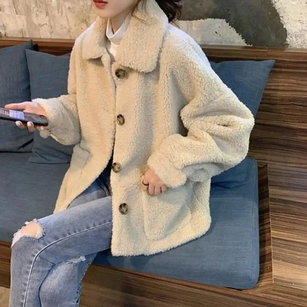 Loose-fitting Women Coat Stylish Turn-down Collar Winter Coat with Pockets Thick Fleece for Women Single-breasted for Outdoor