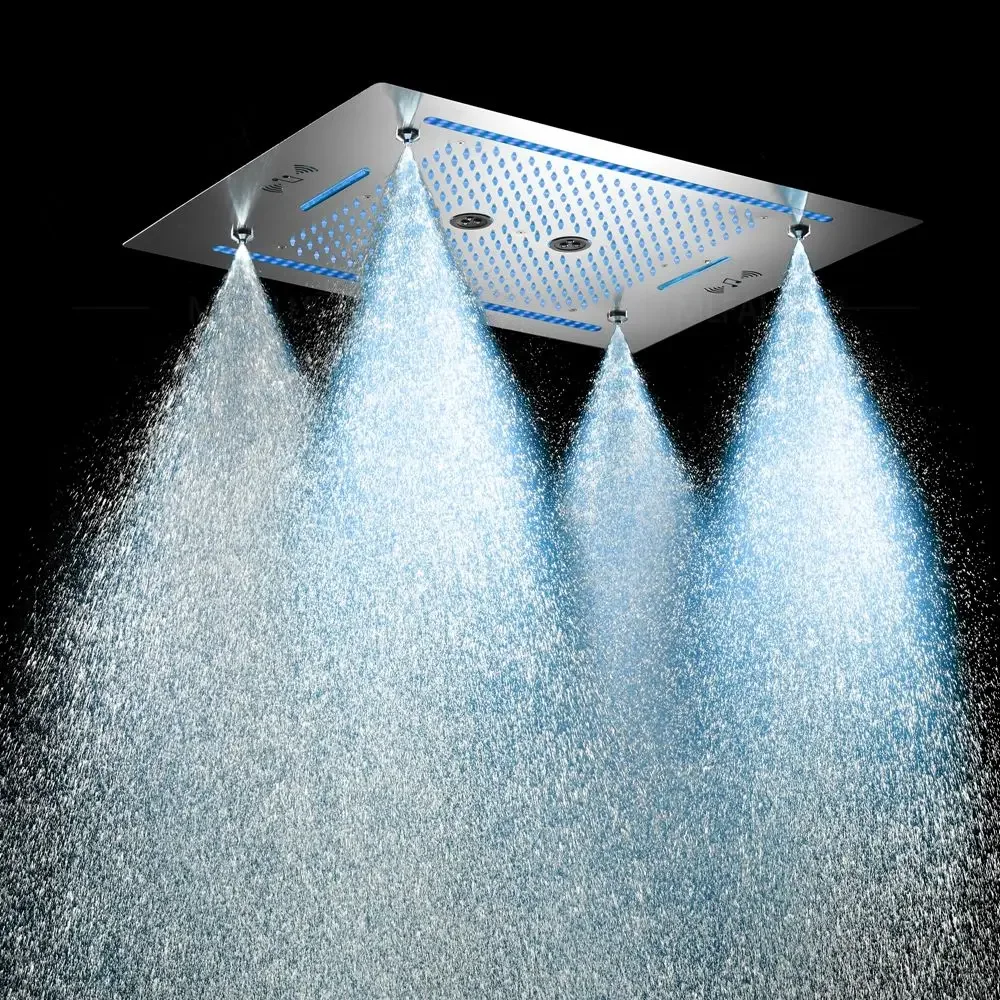 HLK Stainless Steel Polished Luxury Functional Shower Head Rainfall Waterfall Rotary Massage Mist Wall Mounted Shower LED Music
