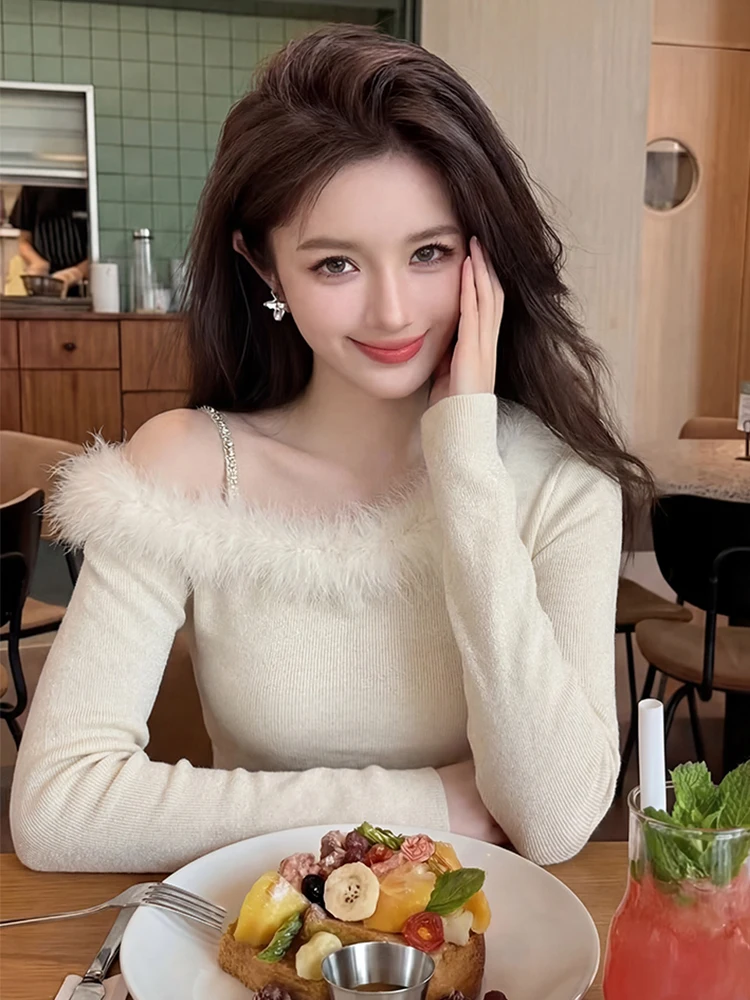 Ele – vêtements intérieurs tricotés blancs pour femmes, avec col en fourrure, Design asymétrique, printemps Faion