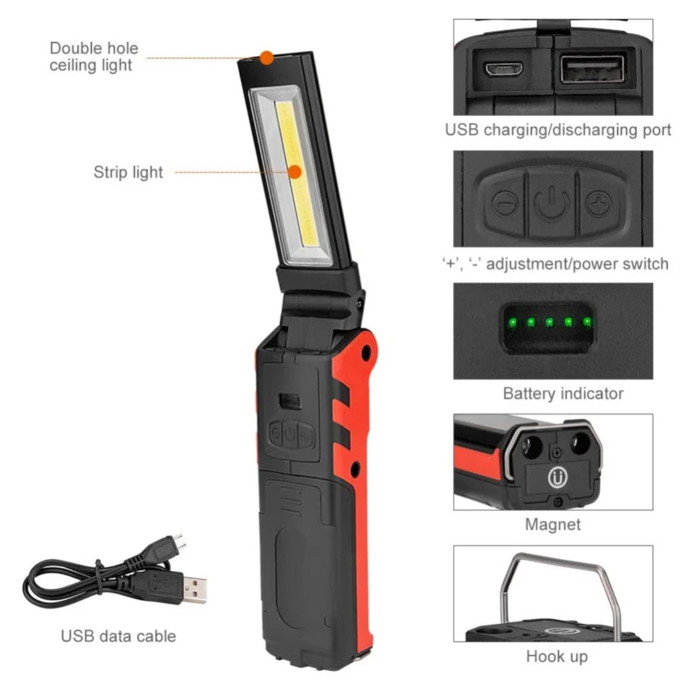 

Super Bright COB LED Working Light With Magnetic Base & Hook USB Rechargeable Dimmable Flashlight For Outdoor Car Repairm12k