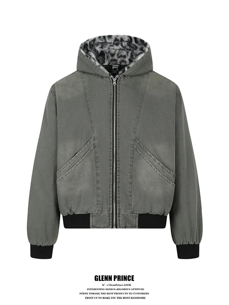 

GPstudio American Retro Leopard Print Fur Collar Men's Winter Thiened Boxy Sle Cotton Jaet Warm Casual Hooded Coat