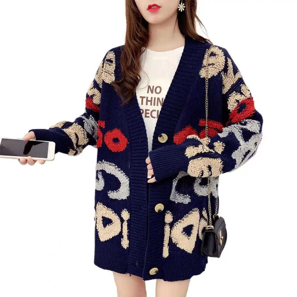 Women Sweater Cozy Knitted Sweater Coat for Women Mid Length Loose Cardigan Jacket with Letter Pattern Color Matching for Ladies