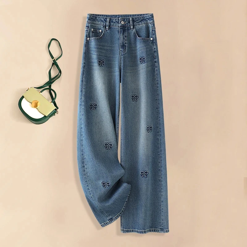 Cintura alta quente diamante jeans verão retro arco bordado perna reta calças jeans 2025 casual azul pernas largas