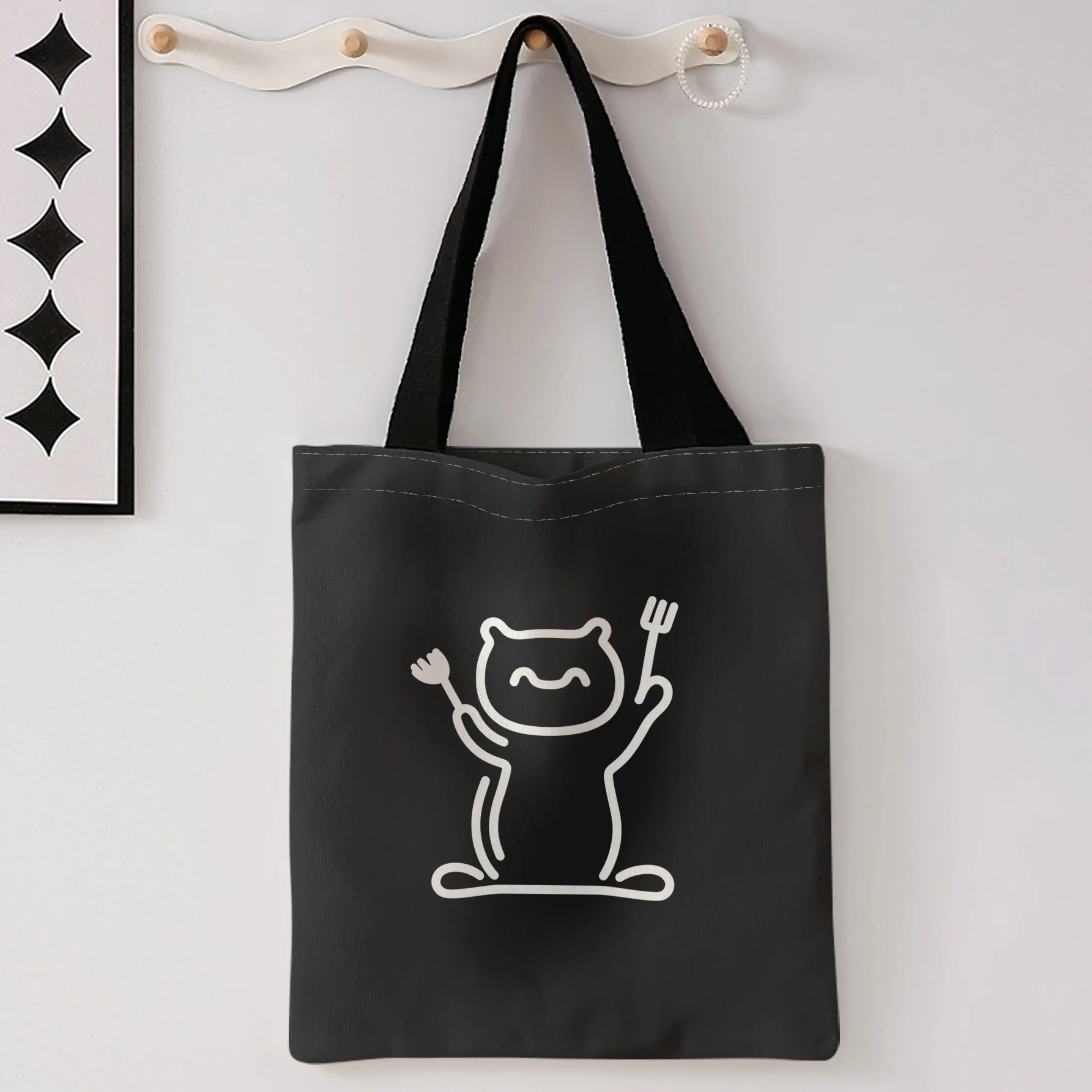 Minimalist Line Cat With Fork And Spoon Print Tote Bag Large Capacity Shoulder Bag For Shopping Travel Daily Use