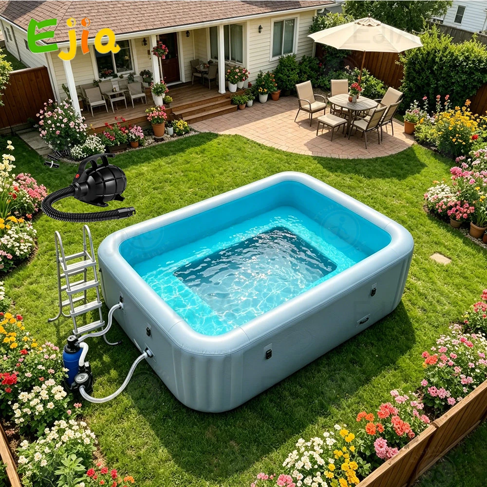

3×2×1.2m Large Inflatable Swimming Pool With Seat Family Blow Up Durable PVC Rectangular Swim Pool for Backyard, Garden Water