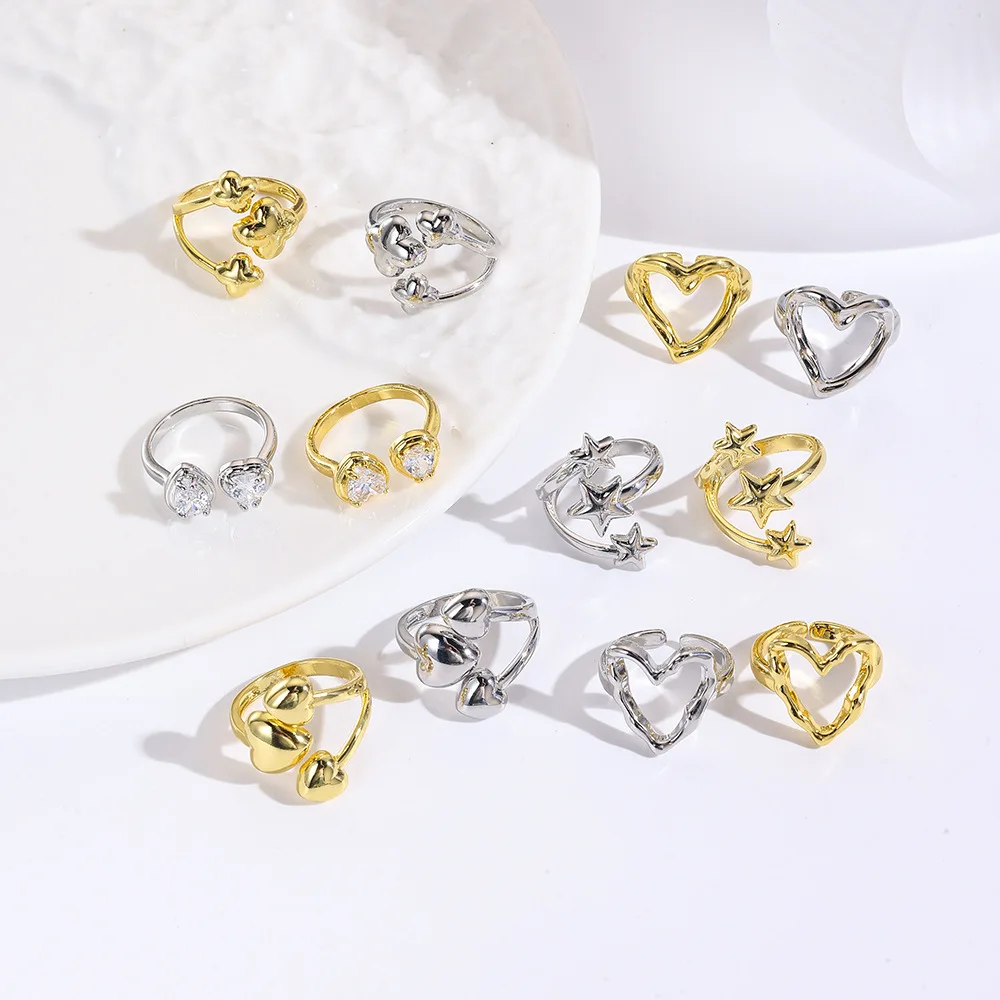 

5pcs copper plating fashion glossy geometric convex love star clover open ring simple adjustable ring for men and women