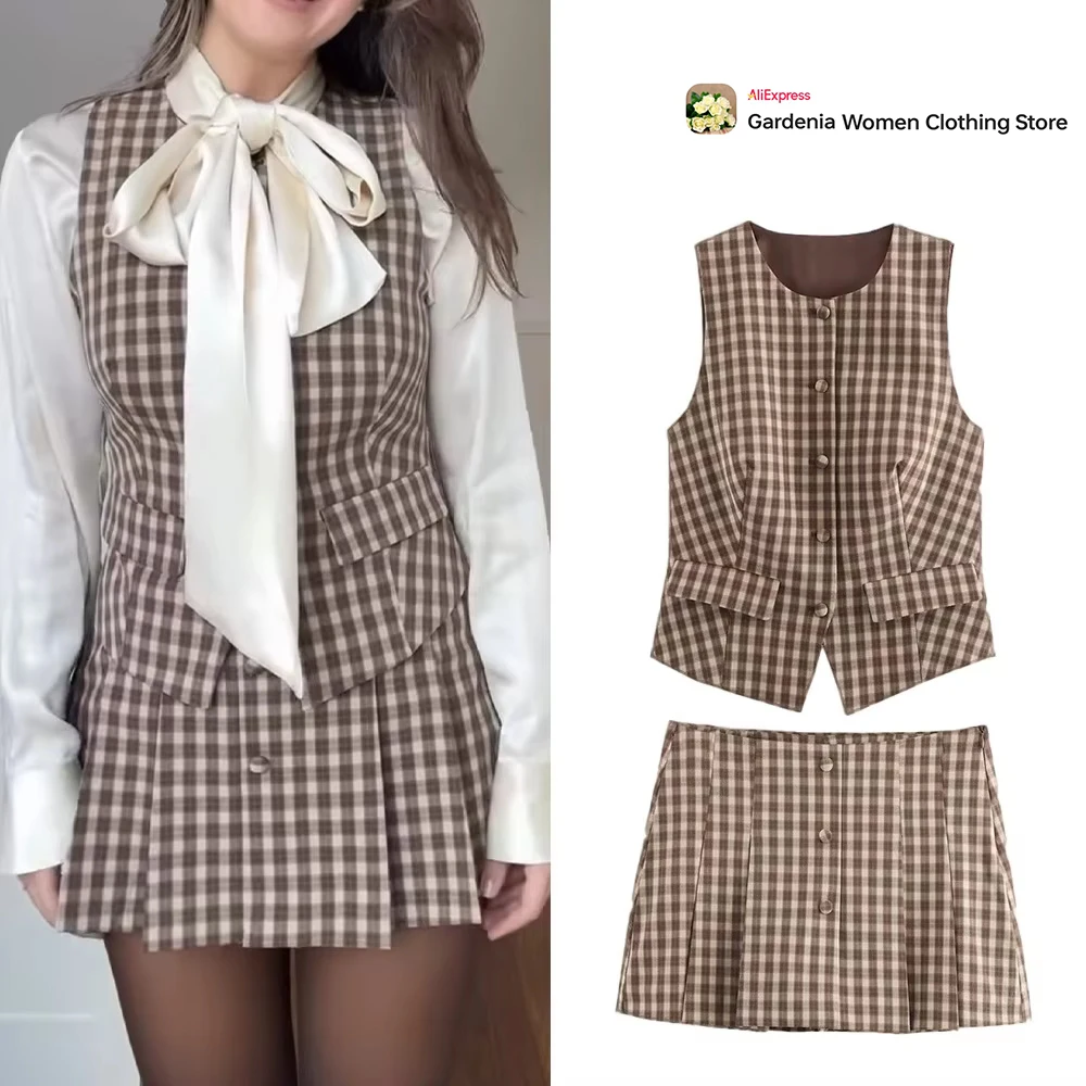 Women Casual Brown Plaid Dress Set Checkered Fitted O-Neck Vest Top with Flap Pockets Matching Plaid Skort with Pleats & Buttons